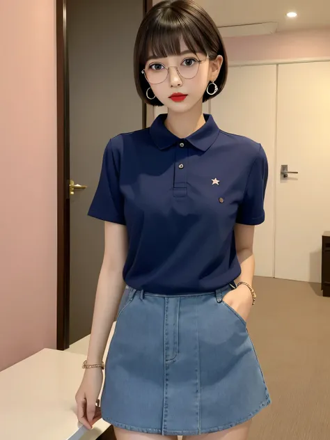 (Best Quality、8k、32K、masterpiece、Hmph:1.2)、Pink wall、sexy、((Age 15))、(((thin frame round glasses))、Cute Japanese women photos、((Star Earrings))、Lip Piercing、((Ear Piercing３t))Short Bob Cut、、Red lipstick、sexy、thin、Slender、(Small breasts)、Double eyelids、Shor...