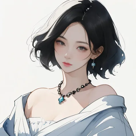 (Best Quality、masterpiece)、(Concept Art)、(Avatar)、(icon)、((One Woman))、Age 25、((Alone))、(Bust Shot)、(Shoulder shot)、 (Black Hairの、Beautiful hairstyle)、Black Hair、(Shortcuts、Bobcut)、one piece、Hair accessories、necklace、elegant、 romantic、Highly detailed skin、...