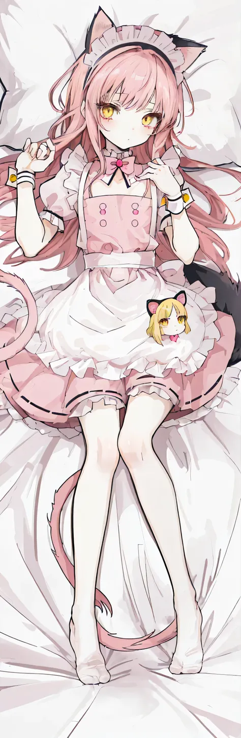 cute anime girl with long pink hair and yellow eyes, small chest size,  short height, slim body, wearing maid outfit with cat headband. pov in front of her on bed