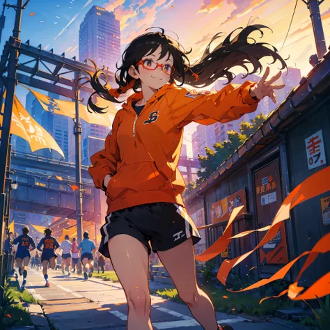 （Sportswear）、Orange hoodie、Shorts、Running Style、Flying debris、Best Quality、Illustration、Great quality、OK、High resolution、8K wallpaper、Perfect dynamic composition、(((Ezvian everywhere)))、((Black Hair、Shortcuts))、Cute 20 year old、Beautiful face in every deta...