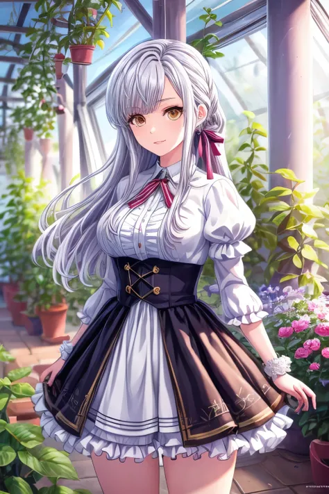 Masterpiece, Best Quality, Ultra high Detailes, intricate details, 
1girl, detailed eyes, scool uniform, In a greenhouse full of flowers.