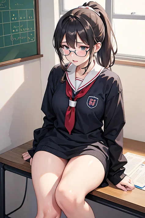 nsfw,realistic photos,class representative-style girl,ponytail,glasses,masturbating in the school nurse&#39;s office while weari...