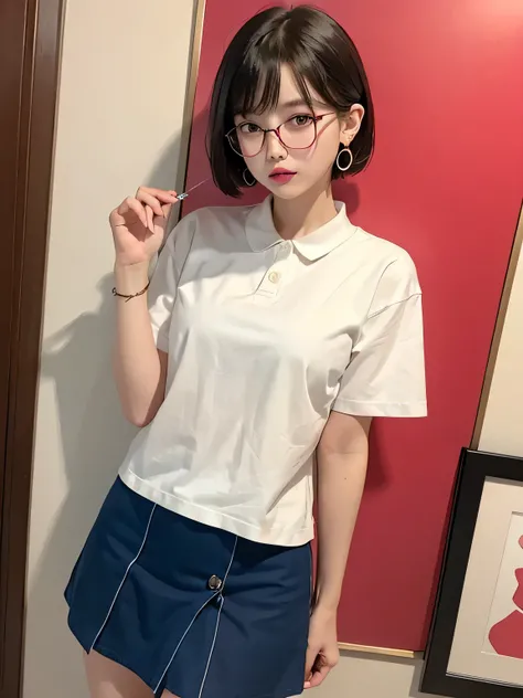 (Best Quality、8k、32K、masterpiece、Hmph:1.2)、Pink wall、sexy、((Age 15))、(((thin frame round glasses))、Cute Japanese women photos、((Red heart earrings))、Lip Piercing、((Ear Piercing３t))Short Bob Cut、、Red lipstick、sexy、thin、Slender、(Small breasts)、Double eyelids...