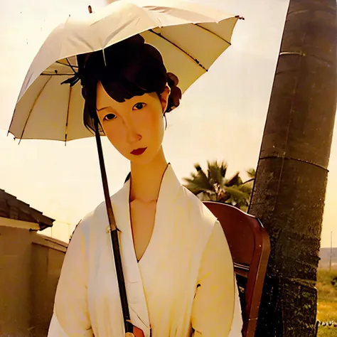 photorealistic、in the heat haze、a beautiful woman holding a parasol, small in the distance