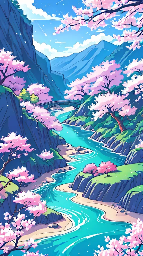 /imagine prompt: Viral anime nature wallpaper in 4K quality, in the style of illustration inspired by Rumiko Takahashi, featuring a picturesque valley with rolling hills, blossoming cherry trees, and a clear river flowing through; soft and pastel color tem...