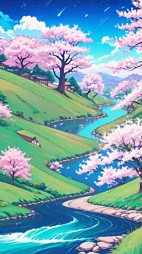 /imagine prompt: Viral anime nature wallpaper in 4K quality, in the style of illustration inspired by Rumiko Takahashi, featuring a picturesque valley with rolling hills, blossoming cherry trees, and a clear river flowing through; soft and pastel color tem...