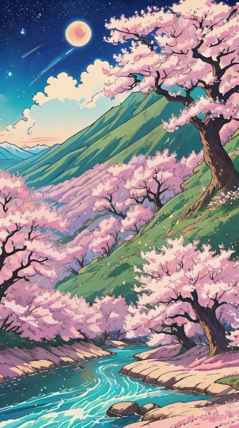 /imagine prompt: Viral anime nature wallpaper in 4K quality, in the style of illustration inspired by Rumiko Takahashi, featuring a picturesque valley with rolling hills, blossoming cherry trees, and a clear river flowing through; soft and pastel color tem...