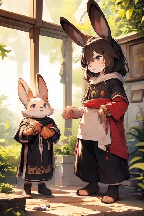 Dwarf bunny boy，Rabbit ears，Furry boys，Characteristics of young children，Dark Skin，Heterochromic pupils，Short sleeve，cloak，shorts，Exorcist，Soul Ring，Standing，