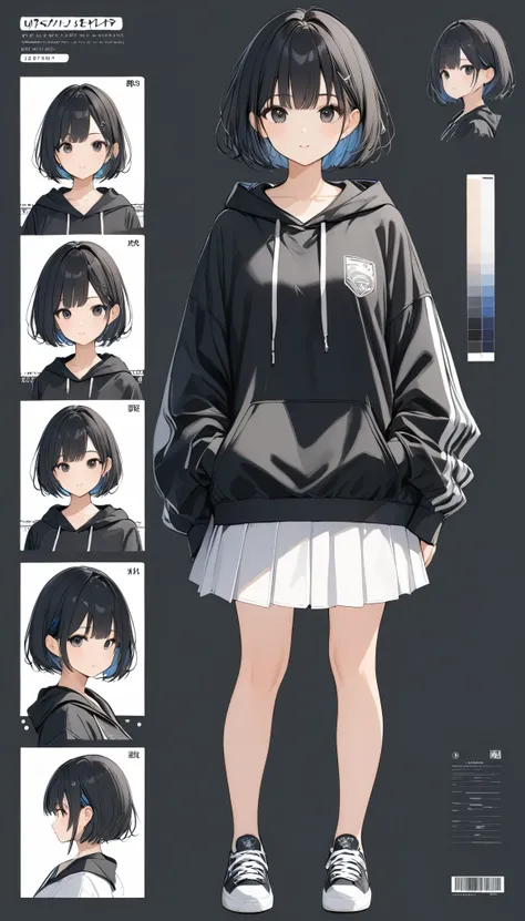 anime、((Amazingly absurd)),(masterpiece:1.2),超High resolution, Attention to detail, high quality, High resolution, 最high quality, 4K, 8k、Black hoodie、White Skirt、Black Hair、Short Hair、Black Eyes, 1girl, cute, standing girl, three view drawing, front and ba...