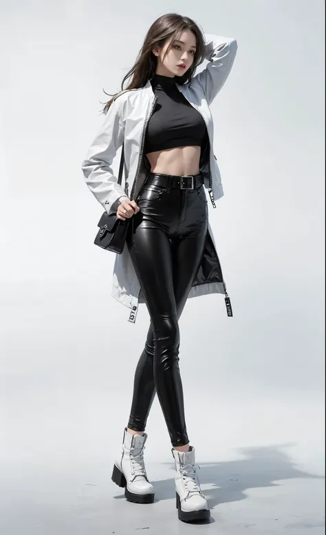 a woman in black leather pants and a white jacket, wearing black tight clothing, black leggins, leather pants, leather clothes, leather clothing, tight outfit, black leggings, black leather slim clothes, leggins, leather pants | natural lighting, sexy styl...