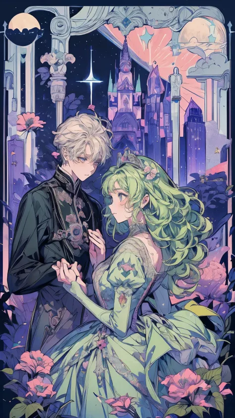 (One princess、One prince:1.5)、Green long dress、Ball、city、firework、流れstar、Night Sky、star、moon、Lots of flowers、(smile)