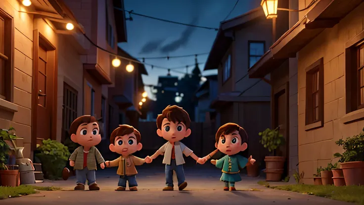 A group of three kids—Jack, Mia, and Tom—huddled together in a dimly lit alley at dusk, looking determined. The neighborhood behind them appears quiet, with flickering streetlights casting eerie shadows, disney pixar style