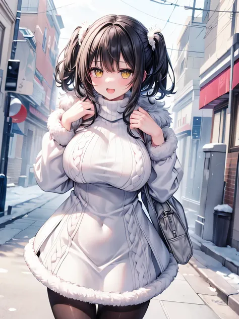 Best Quality,Ultra-high resolution,Super detailed,(solo),gigantic breasts,Detailed beautiful eyes,Short Hair,(Black Hair,Two Side Up:1.3),(Big yellow eyes),jitome,A very happy smile,Open your mouth wide,View Viewer,break,(White high neck sweater,Sweater dr...