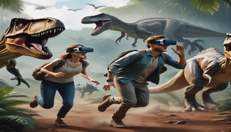 Two people wearing VR glasses are escaping from dinosaurs，Scene in Jurassic Dinosaur World，There is a Tyrannosaurus，Stegosaurus，Triceratops，Velociraptor，4K，Hyperrealism，Promotional poster，Real World，There were no flying dinosaurs