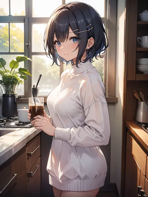 ((masterpiece))、((Highest quality))、photograph、reality、High resolution、Very detailed、Married women、30-year-old woman、Delicate features、Light blue short hair、Realistic background and accessories、Sexy smile、kitchen、Drinking coffee、expensive、（（A sexy sweater ...