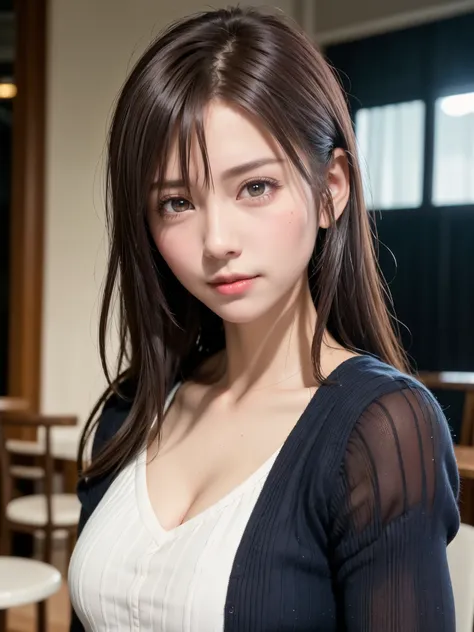 natta, Raw photography, (((Very beautiful portrait))), ((glistning skin)), 1girl in, Sexy 2 girl, Cafe Clerk、((Sauvages natural brown hair)), Gentle smile staring at the camera, ((​masterpiece, top-quality, ultra-detailliert, ciinematic light, intricate de...