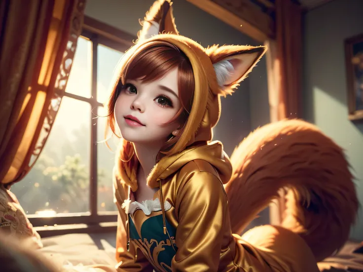 (Best Quality, Super Detailed, masterpiece, representative work, official art, professional, super high detail, 8k:1.3) Cute girl face, ginger hair, ((brown)) eyes, 1 girl, fox costume, hood, fox tail, furry, kneeling, girl dressed as furry, Vivid colors, ...