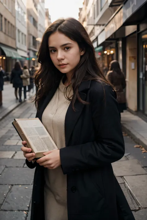 casually dressed in a dark coat and holding documents and books, she stands outdoors with shoulder-length wavy hair, appearing f...