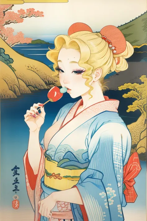 One Girl, Best Quality, Ukiyo-e style, Hokusai Style, Gal eating candy apple, Young woman, Blonde, blonde, Twin tails, Curly Hair, False eyelashes, The makeup is heavy, White skin, Rainbow Yukata, Long decorated nails,