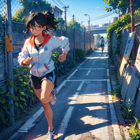 （Sportswear）、（（Tanned skin color））、hoodie、Shorts、Running Style、Flying debris、Best Quality、Illustration、Great quality、OK、High resolution、8K wallpaper、Perfect dynamic composition、(((Ezvian everywhere)))、((Black Hair、Shortcuts))、Cute 20 year old、Beautiful fac...