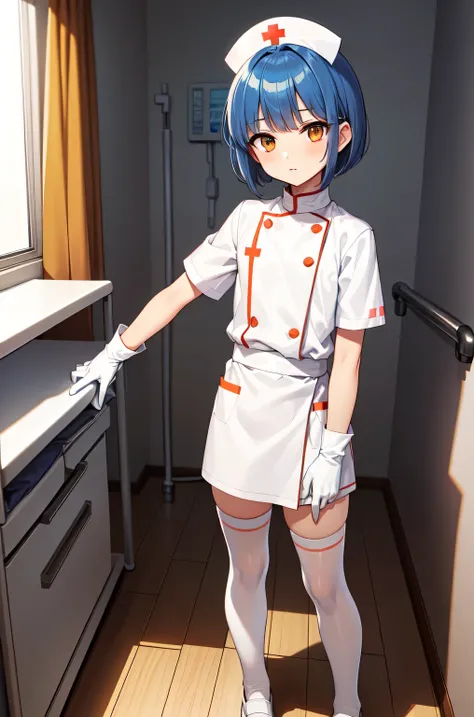 1boy, solo, male focus, nurse, white nurse cap, white nurse uniform, ((white legwear, zettai ryouiki)), white gloves, bobcut, blue hair, orange eyes, no impression, standing, ((hospital room)), sharp outline, short sleeves, shota, 12yo, best quality, maste...