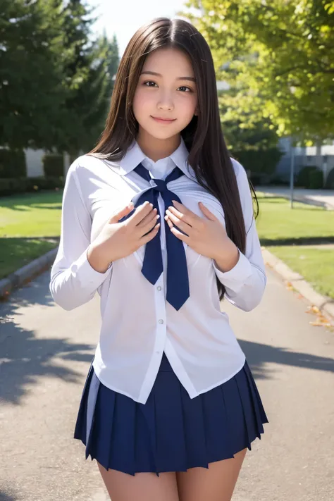 High school girl　Covering nipples with hands