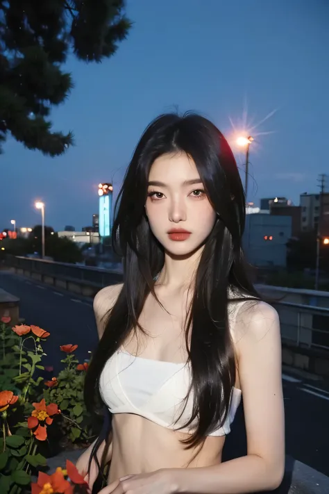 In 1960、Local metropolis、Rusty City、Abandoned building rooftop、The plants are blooming、Ivy is entwined around、Behind is grass and trees、evening、Dim、White and red flowers blooming、The old neon lights are impressive、No makeup、Bare Skin、Ephemeral woman、Upper ...