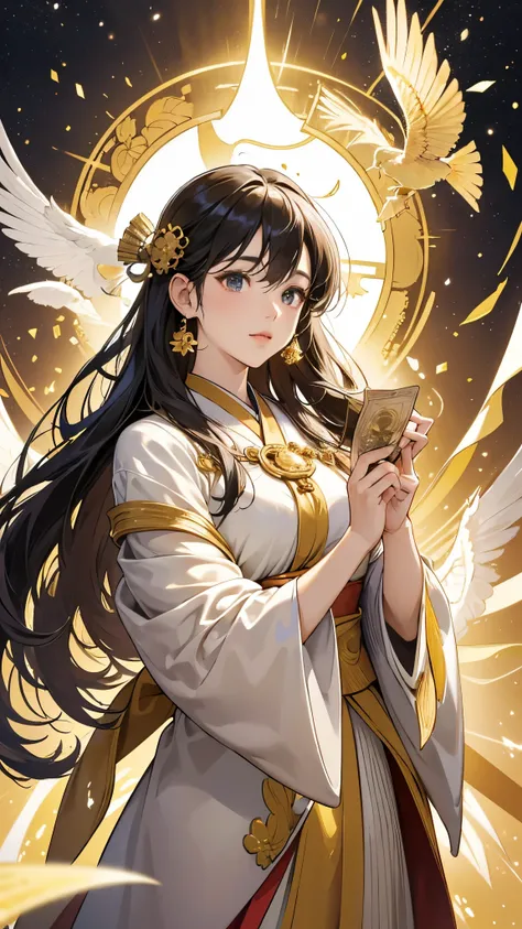 A background of many gold coins and paper money flying in and filling the surroundings、Words that bring unexpected income、Beautiful Japanese Goddess、View here、Upper Body、A fantastic light surrounds the figure.。Feeling the energy of the universe。There is a ...