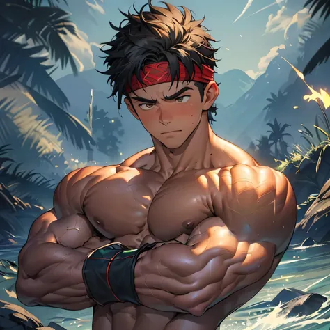 ((masterpiece, best quality)), (((((1 boy, deep night, upper body, looking away))))), (1 boy, worm eyes, Young boy, muscler, Shirtless, topless), ((((1boy, solo, flesh, tough, reliable, developed body)))), (Dark Short straight hair, ((almost completely sha...