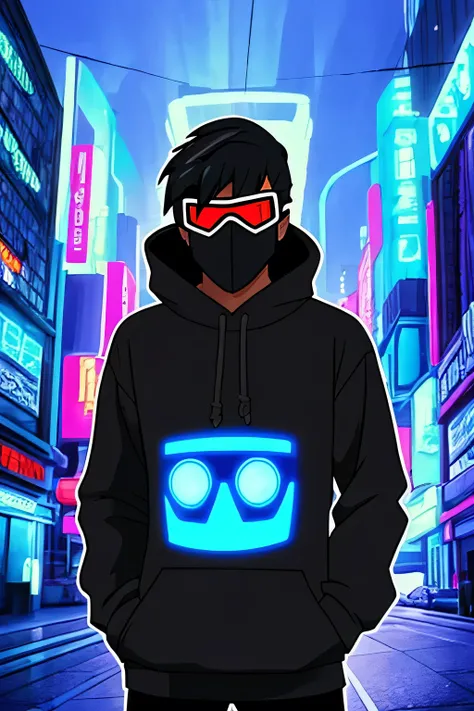 neon blue, cyberpunk, sci-fi mystery, a hacker with a mask, against the world, black sweatshirt, black hair, ski goggles.