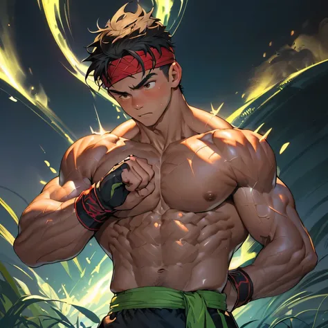 ((masterpiece, best quality)), (((((1 boy, deep night, upper body, looking away))))), (1 boy, worm eyes, Young boy, muscler, Shirtless, topless), ((((1boy, solo, flesh, tough, reliable, developed body)))), (Dark Short straight hair, ((almost completely sha...