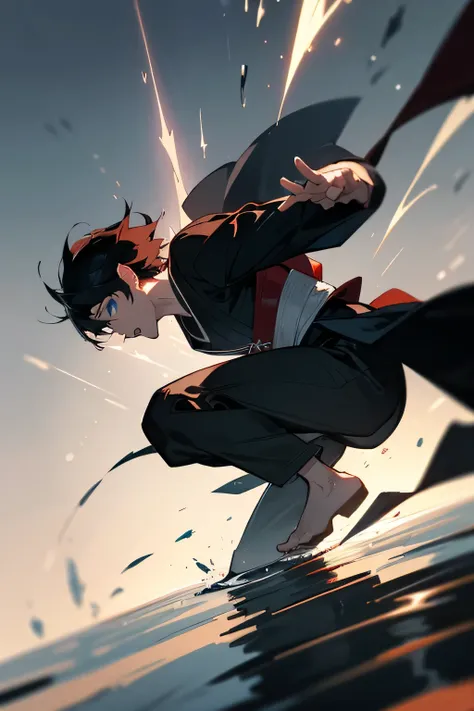 Concentrated and strong expression, Black Haired Boy, Black kimono with red accents, Flying kick pose, Water Flow、A posture in which a kick wrapped in water is being launched, Staring ahead with a sharp gaze, Sparkling blue eyes, Light and shadow play dram...