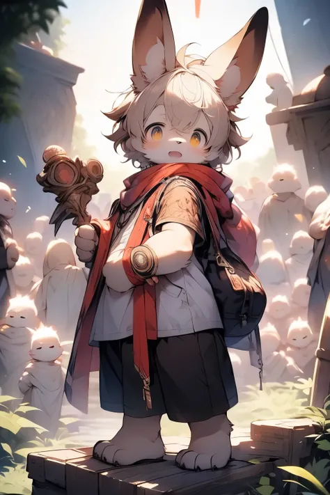 Dwarf bunny boy，Rabbit ears，Furry boys，Characteristics of young children，Dark Skin，Heterochromic pupils，Short sleeve，cloak，shorts，Exorcist，Soul Ring，Standing，