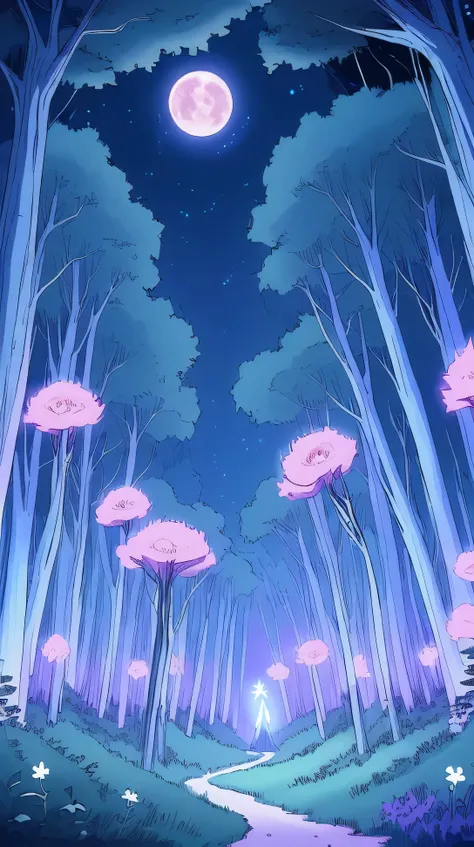 /imagine prompt: Viral anime nature wallpaper in 4K quality, in the style of digital illustration, depicting a magical forest at midnight with glowing flowers, and an ethereal moon casting a soft glow; cool and mystical color temperature, cosmos lighting w...