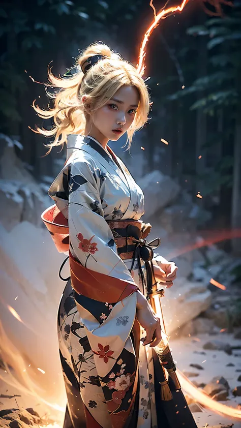 (((((Beautiful eyes, Beautiful Eyes)))))((((Blonde, A large red aura surrounds the body, Shining)))), (King, Dynamic, Jump), Survival ((((A colorful kimono with a red base)))), (Ultra HD, Best Quality, High resolution, Surreal, so beautiful), 24000dpi, Bea...