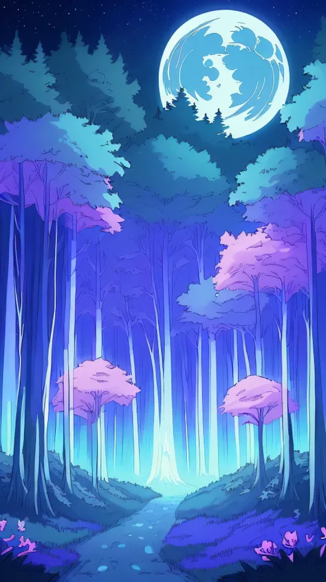 /imagine prompt: Viral anime nature wallpaper in 4K quality, in the style of digital illustration, depicting a magical forest at midnight with glowing flowers, and an ethereal moon casting a soft glow; cool and mystical color temperature, cosmos lighting w...