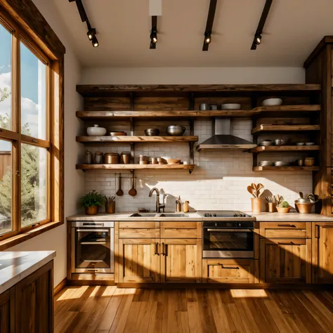 a spacious rustic kitchen, wooden floors, clean white background, warm natural lighting, detailed wooden cabinets and shelves, stainless steel appliances, copper cookware, fresh herbs and potted plants, a large window overlooking a garden, (best quality,4k...