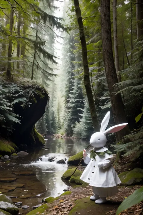 Stocking cap, the white rabbit, playing near a stream in an enchanted forest at dawn, with tall trees and a magical environment.