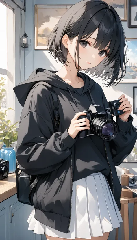 anime、((Amazingly absurd)),(masterpiece:1.2),超High resolution, Attention to detail, high quality, High resolution, 最high quality, 4K, 8k、Black hoodie、White Skirt、Black Hair、Short Hair、Black Eyes、SLR camera、Hold the camera、Close one eye and hold the camera、...