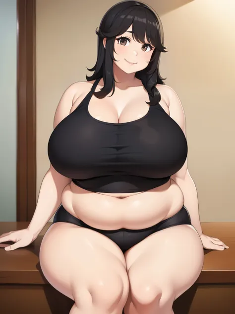 plump chubby black hair brown eyes big breasts smile longer hair