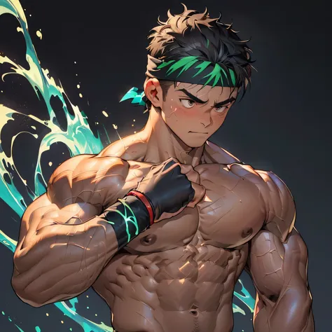 ((masterpiece, best quality)), (((((black background, deep night, upper body, looking away))))), (worm eyes, Young boy, muscler, Shirtless, topless), ((((1boy, solo, flesh, tough, reliable, developed body)))), (Dark Short straight hair, ((almost completely...