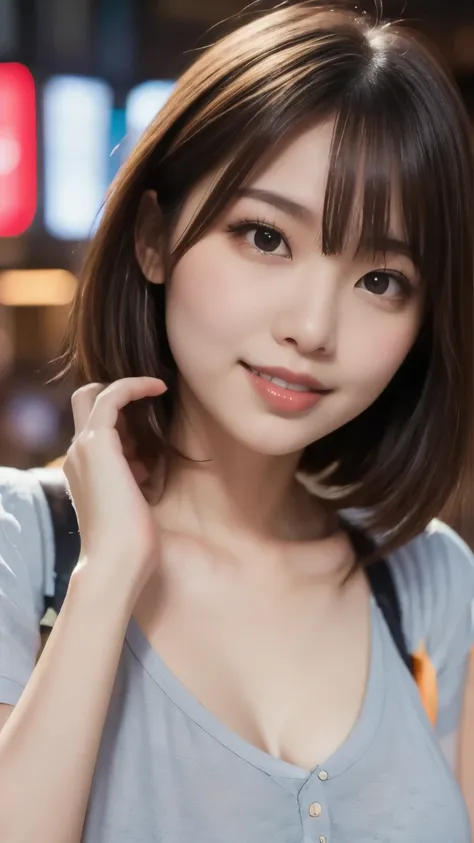 8k,Best Quality,(masterpiece:1.2),(Realistic),(Realistic:1.37),Ultra-high resolution,1 female university student,Droopy eyes,Beautiful teeth alignment, Looking down from above,Well-formed fingers,Shinjuku,(((Cute casual clothes))),Big Breasts,Perfect body,...