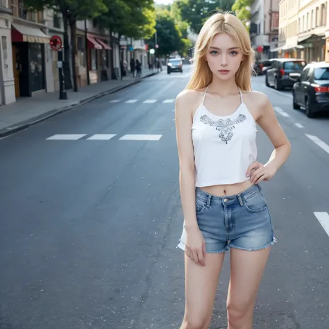 a blonde, blue eyes, slavic features, woman, posing sexy, on the street, wearing a top and some jean shorts, full body, zoomed out, perfect detailed eyes, perfect detailed hands, perfect detailed fingers, 8k, masterpiece, UHD
