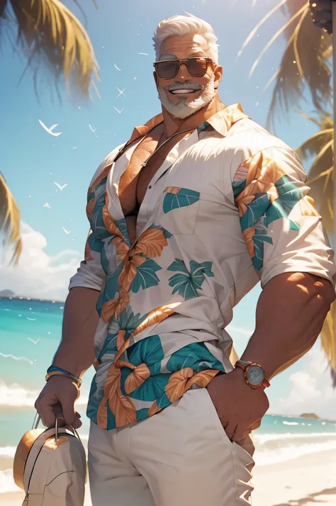 a burly 40s man with long white hair in an updo, wearing sunglasses, (wearing an open unbuttoned hawaiian shirt over a bare ches...