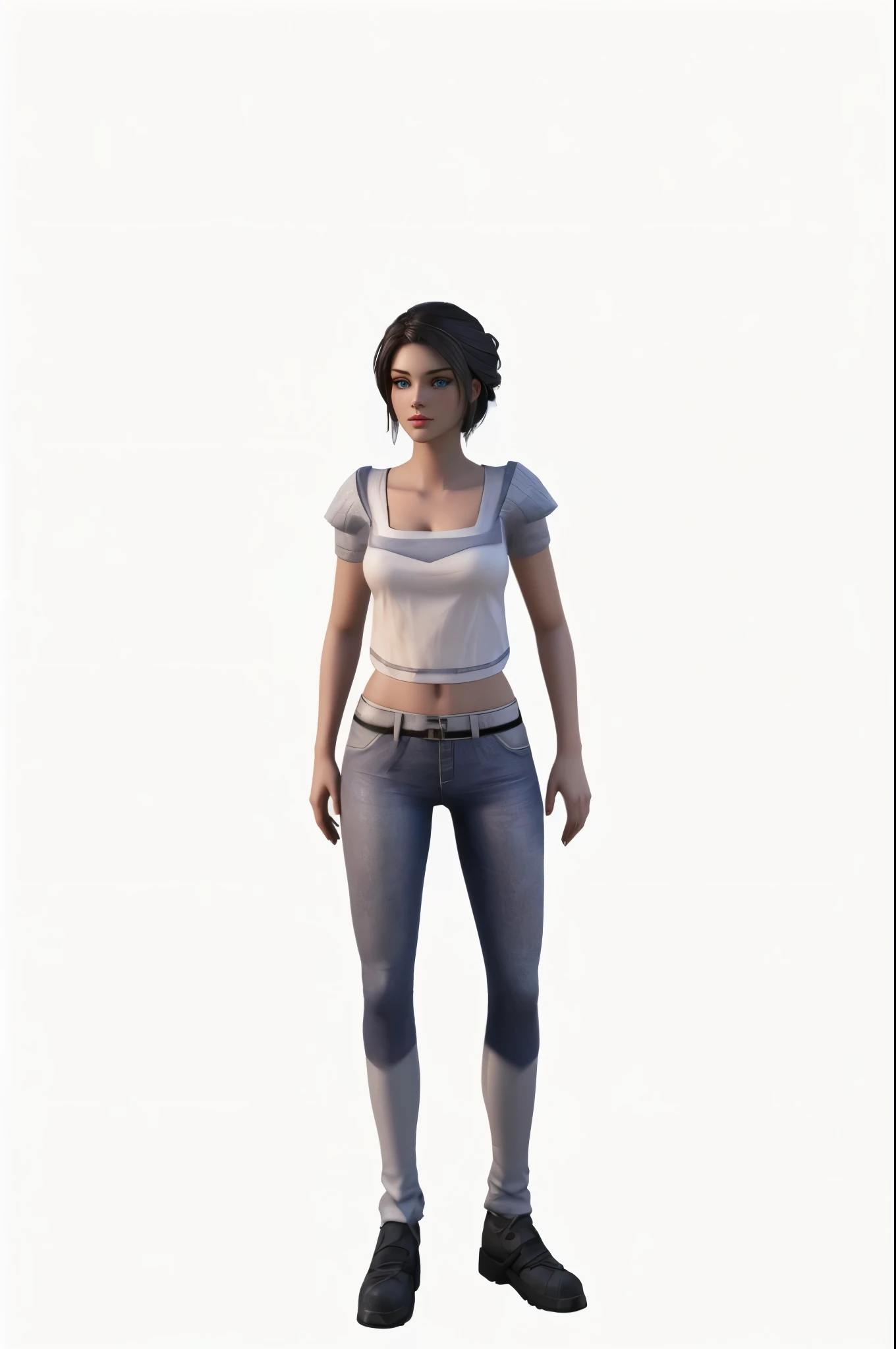 Pretty woman character April Ryan from The game The longest Journey, pale skin, (blue eyes), The Longest Journey game art, the longest journey game model, young pretty Blueyed woman in a white shirt and gray pants standing, completely white background, tra...