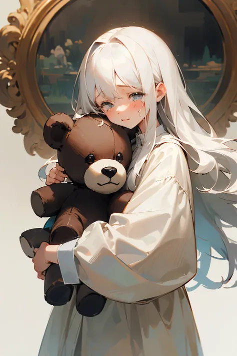 ((Best Quality)), ((masterpiece)), (detailed), 
Looks like a child、, long white hair, hugging a teddy bear, cute clothes、Crying face