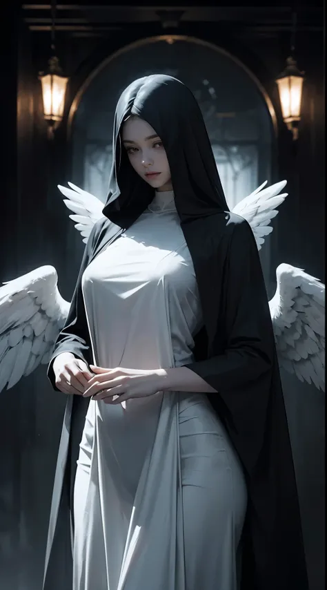 Striking illustration of the Angel of Death., A mysterious and ethereal female figure who guards the threshold between life and death.. Her presence is enigmatic and powerful...., with alas inmensas that extends until the horizon and a penetrating viewpoin...