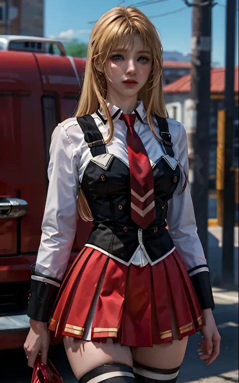 ((masterpiece, best quality)), insaneres, absurdres, solo, outdoors,
CLOTHING_BibleBlack_SchoolDress_ownwaifu,
1girl, blonde hair, long hair, blue eyes,
black vest, red skirt, white shirt, collared shirt, suspenders, school uniform, black thighhighs, ze...