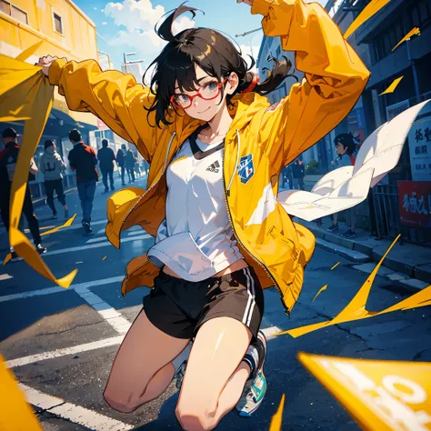 （Sportswear）、Yellow hoodie、Shorts、Running Style、Flying debris、Best Quality、Illustration、Great quality、OK、High resolution、8K wallpaper、Perfect dynamic composition、(((Ezvian everywhere)))、((Black Hair、Shortcuts))、Cute 20 year old、Beautiful face in every deta...