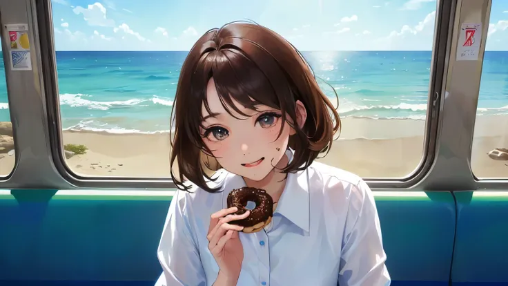 ((One woman))),(((I am on a train)))、((Outside the window, the sea and the blue sky))),(((Perm Hair))),(((Eating a chocolate donut))、Front view、,Masterpiece,best quality,,((White dress shirt))、((Smile))、((Brown Hair)),determined expression, Upper body diag...